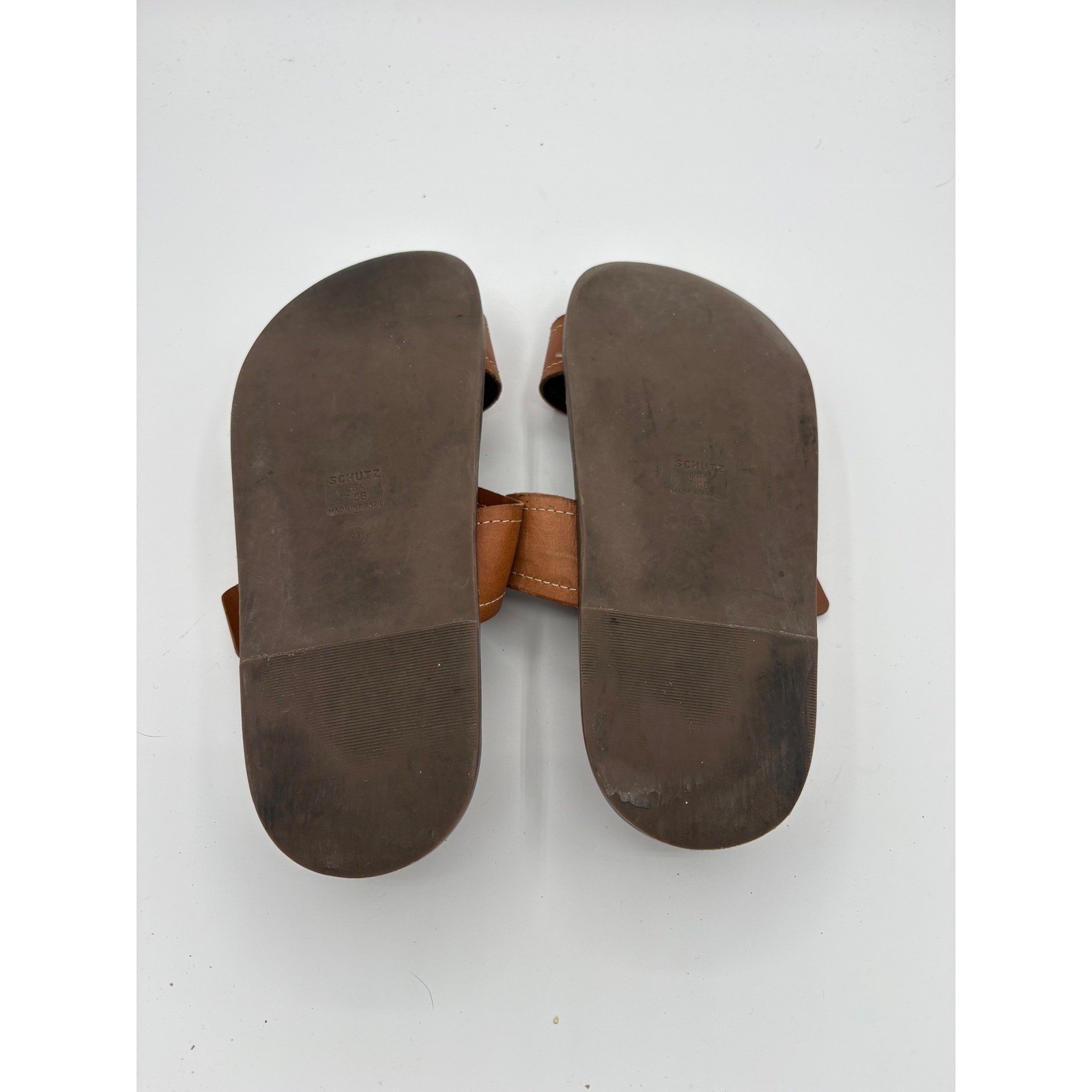Schutz Brown Leather Slide Sandals Gold Bamboo Buckle Womens 7.5B Made in Brazil