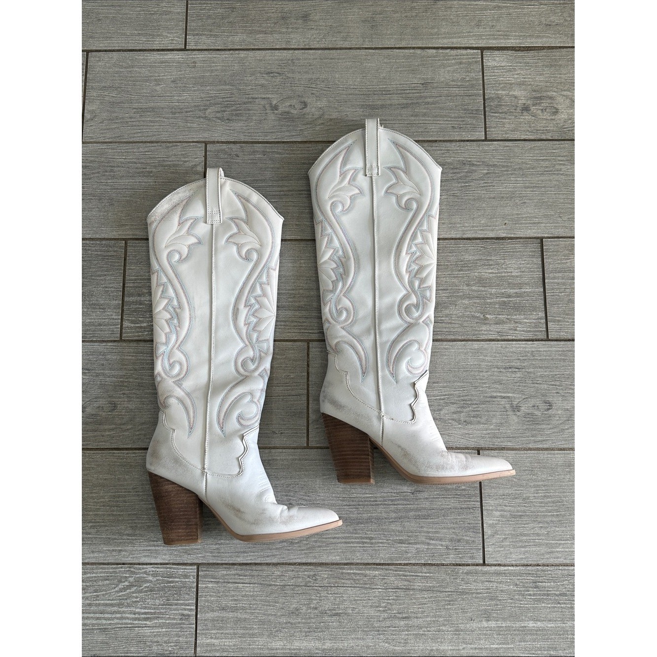 Steve Madden Women’s Leather Lashes Western Boots Distressed White Size 8.5M