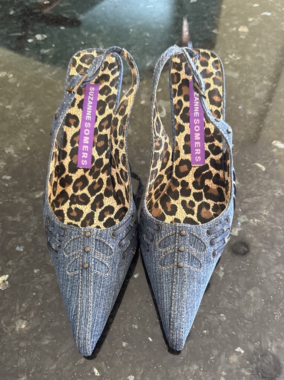 NIB Suzanne Somers Strappy Slingback Denim Leopard Heels Sandals Size 6.5