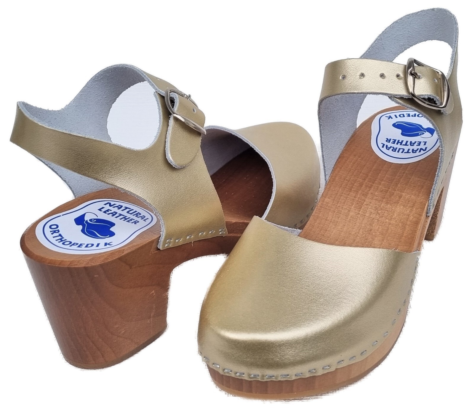 WOOD CLOGS wooden mules sandals size 38 *gold* real beef leather handmade
