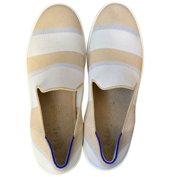 Rothy’s Birch Stripe Slip On Sneaker in tan, blue silver and white. Size 10