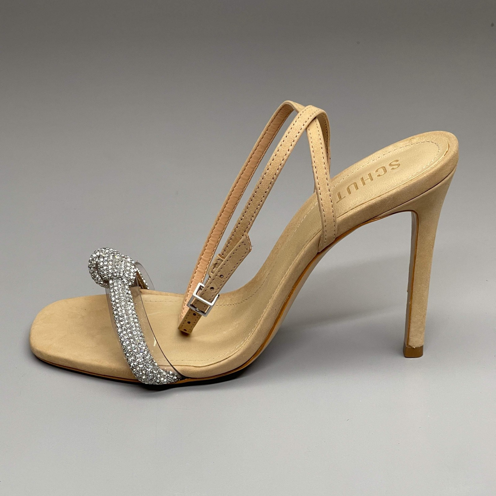 SCHUTZ Peaky Nubuck & Vinyl Multimaterial Women’s Sandal Heel Light Nude Sz 7.5B