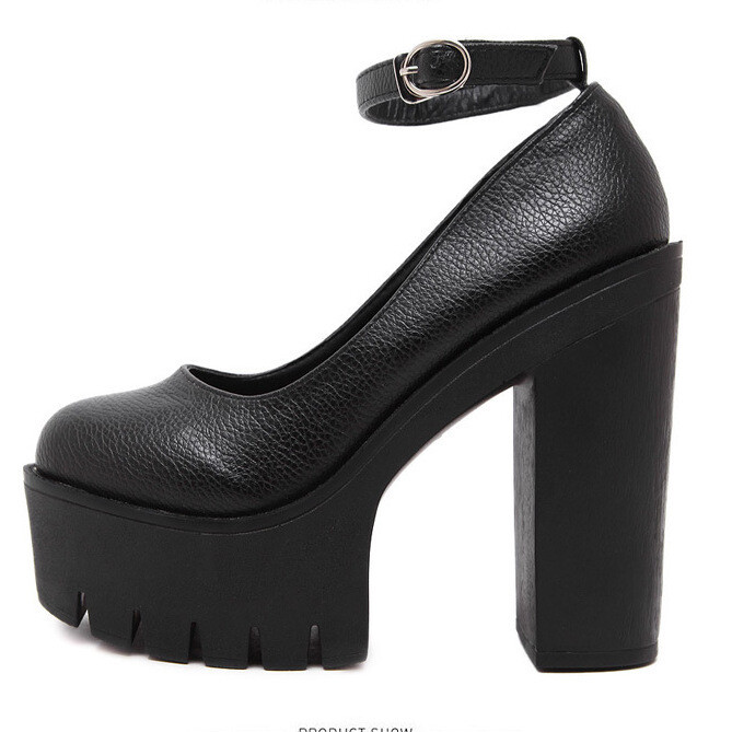 Womens Leather Summer Round Toe Buckle Straps Platform High Block Heels Sandals