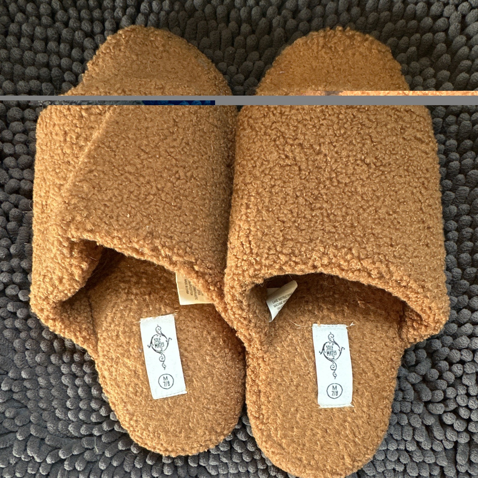SOLE MATES Women’s Brown Faux Fur Open Toe Slip-On Slippers Size 7-8