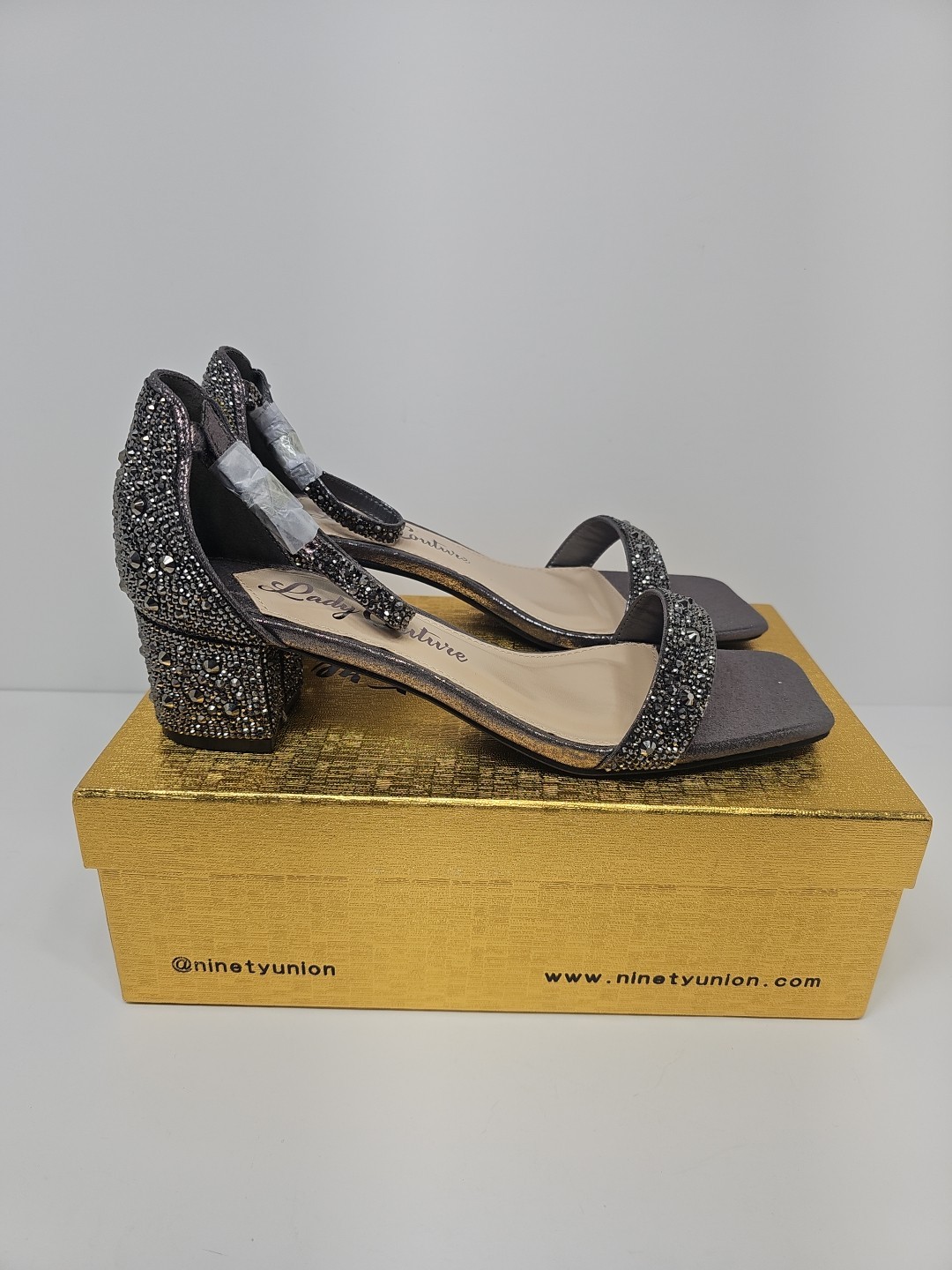 Ninety Union Lady Couture Dazzle 2 Inch Block Heel Rhinestone Sandal, Pewter, 9