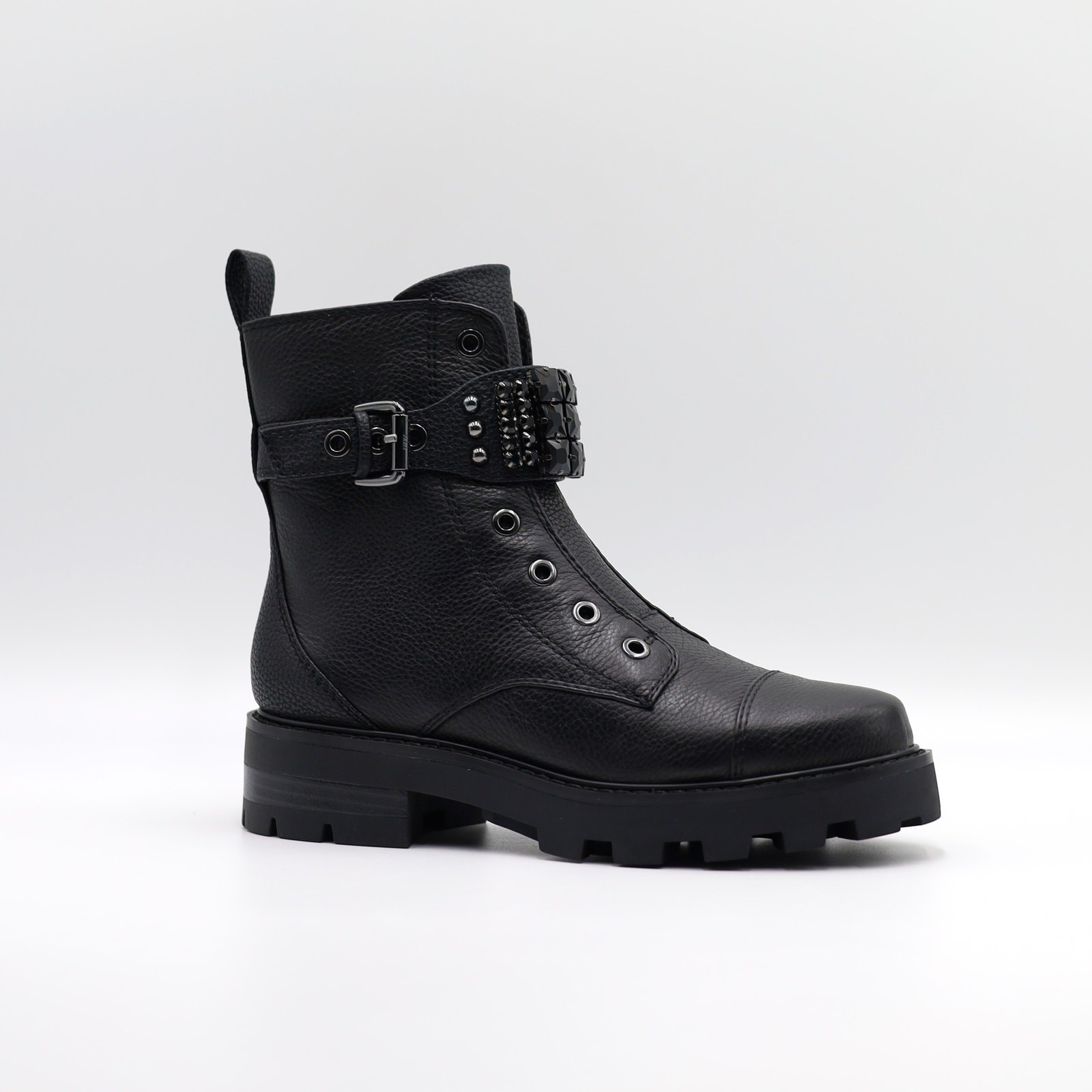 Karl Lagerfeld Paris Women Black Leather Maeva Buckled Combat Booties Size 7M