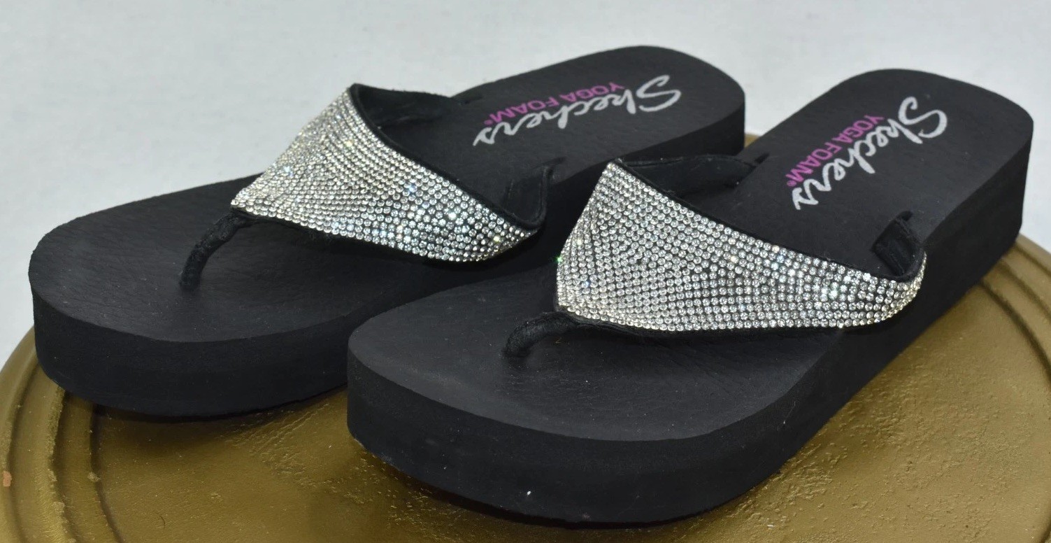 Skechers Vinyasa Women Sandals Size 8 Black Rhinestone Platform Slip On