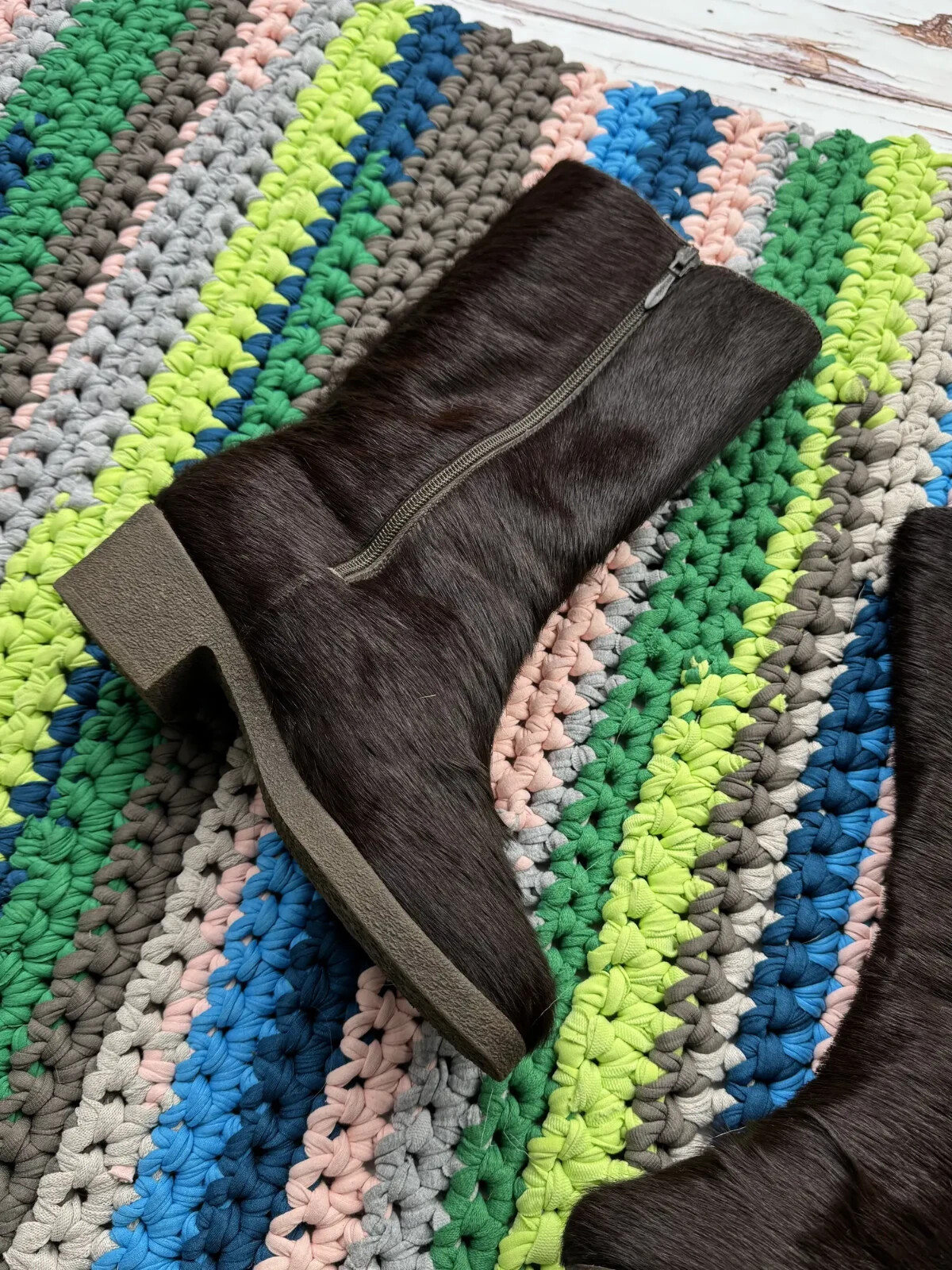 Vintage Women Real Fur Calf Hair Mid Calf Boots Chunky Sole Winter Leather Shoes