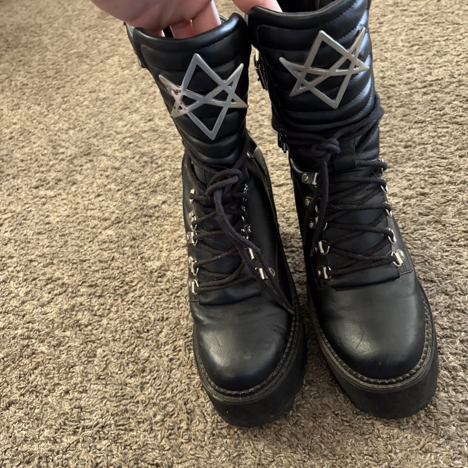 Killstar Goth Platform Combat Boots US 9 Black Pentagram Metal Heel