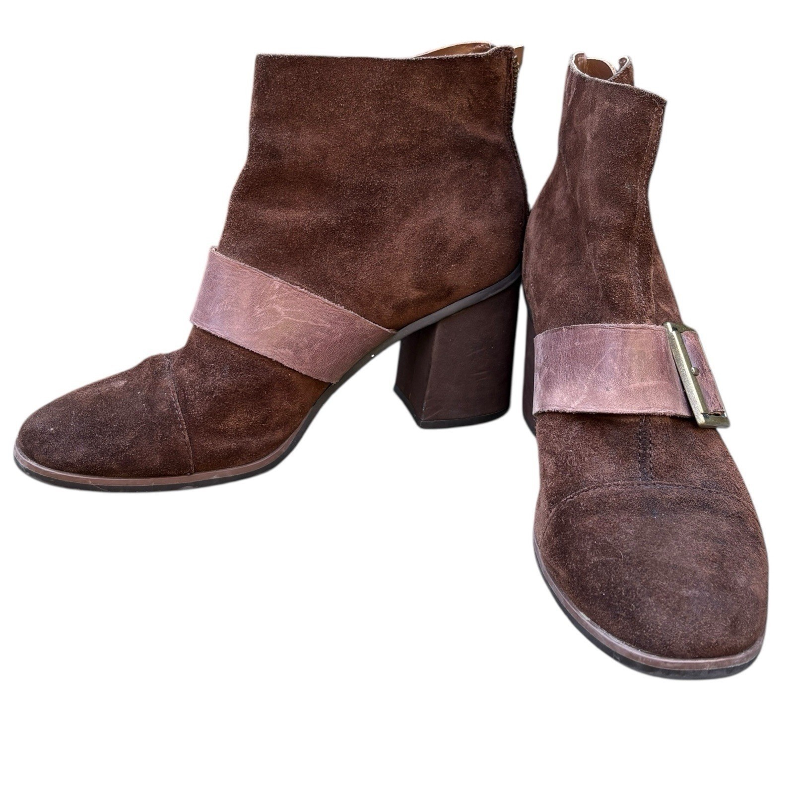 Korks Womens 7.5M Ankle Boots Chocolate Brown Suede Leather Buckle Block Heel