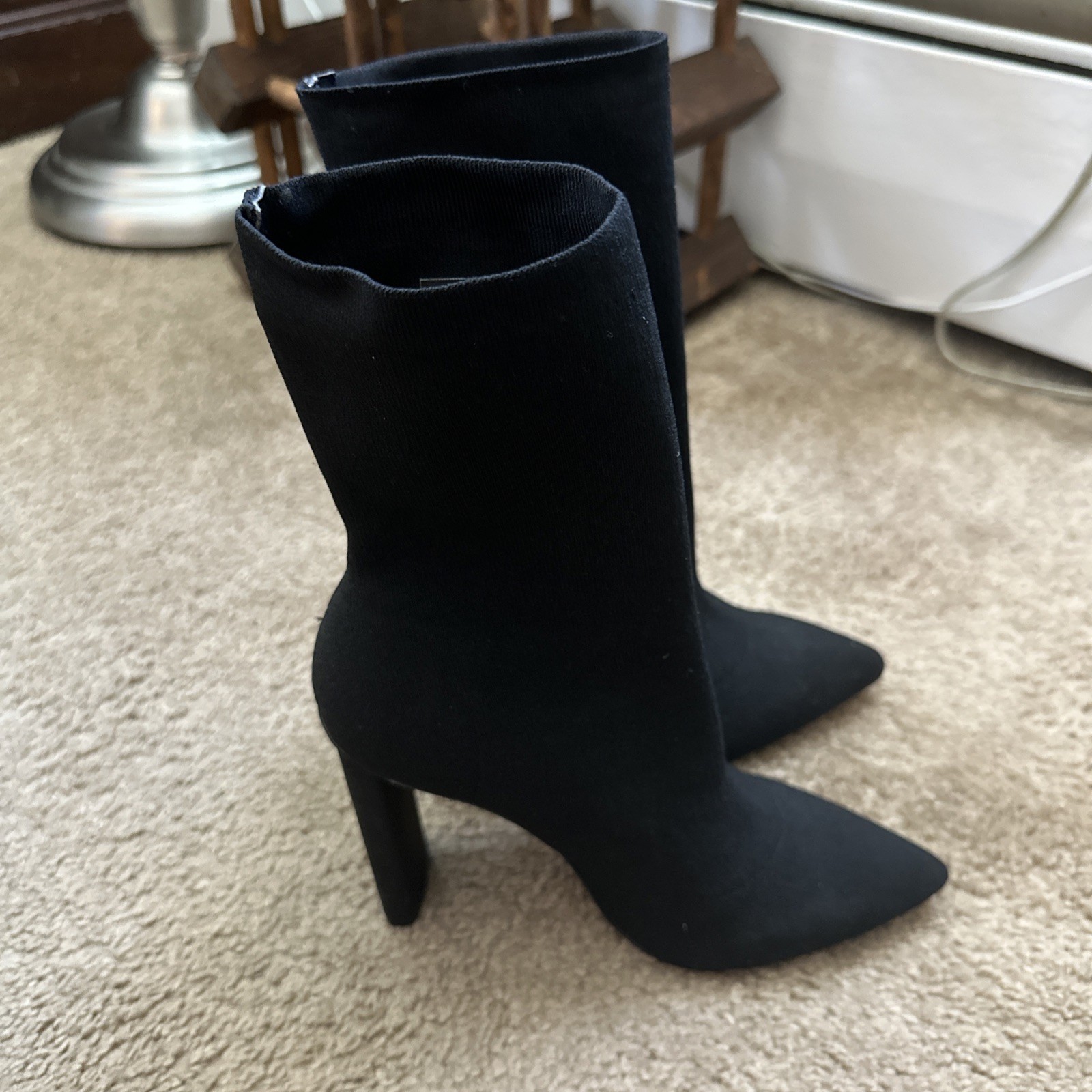 ALDO Black Knit Fabric Pointed Toe Pull On Block High Heel Ankle Booties Sz 6.5