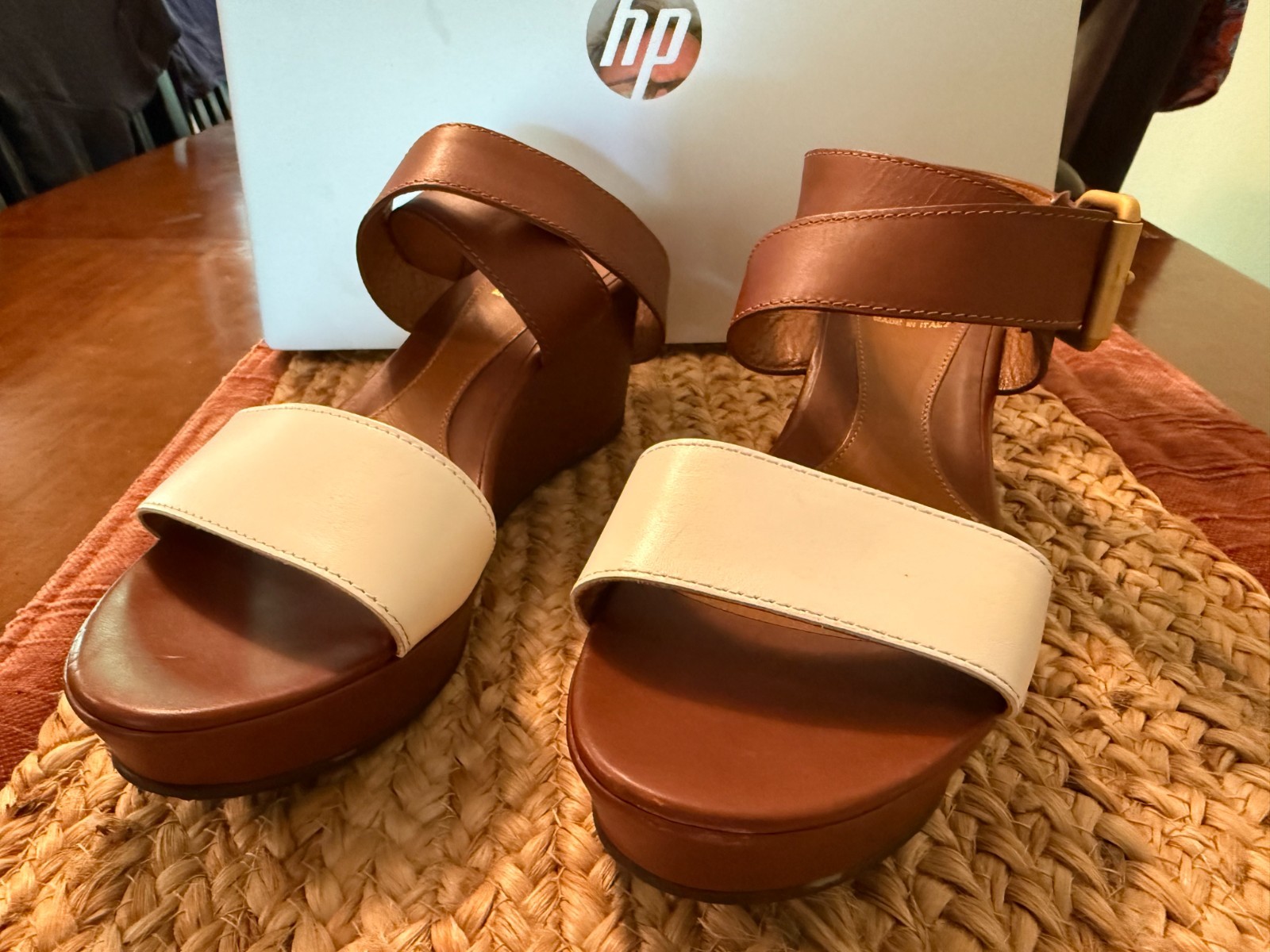 FENDI Two-tone Brown White Leather Platform Wedge Sandals Designer Clean 9/39
