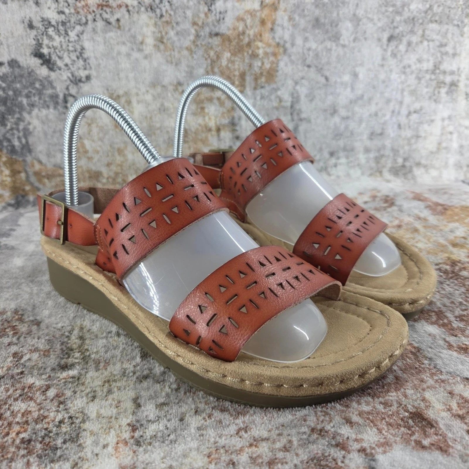 Earth Spirit Wedge Sandals Women 9.5 Cognac Brown Laser Cutout Summer Boho Beach
