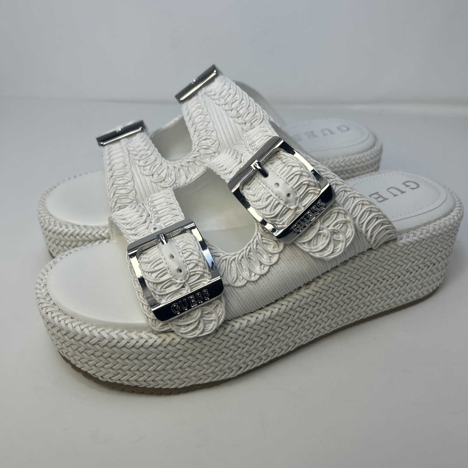 GUESS Binks Woven Platform Sandals Ivory White Double Buckle Wedge Size 10M NIB