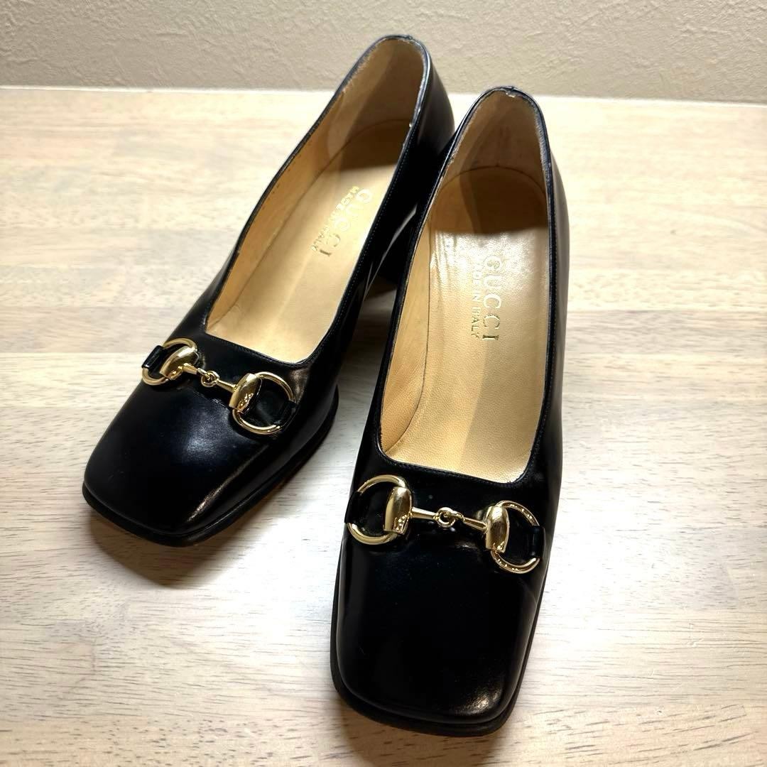 GUCCI Horsebit Leather Pumps Square Toe 23cm Black Italy