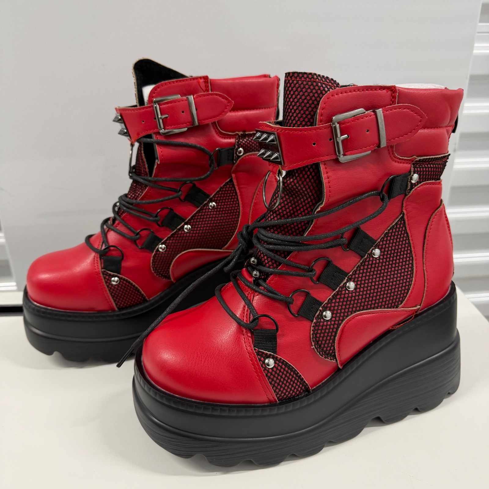Red Platform Boots Gothic Punk Studded Mesh Wedge Ankle Boots Red Black Size 38
