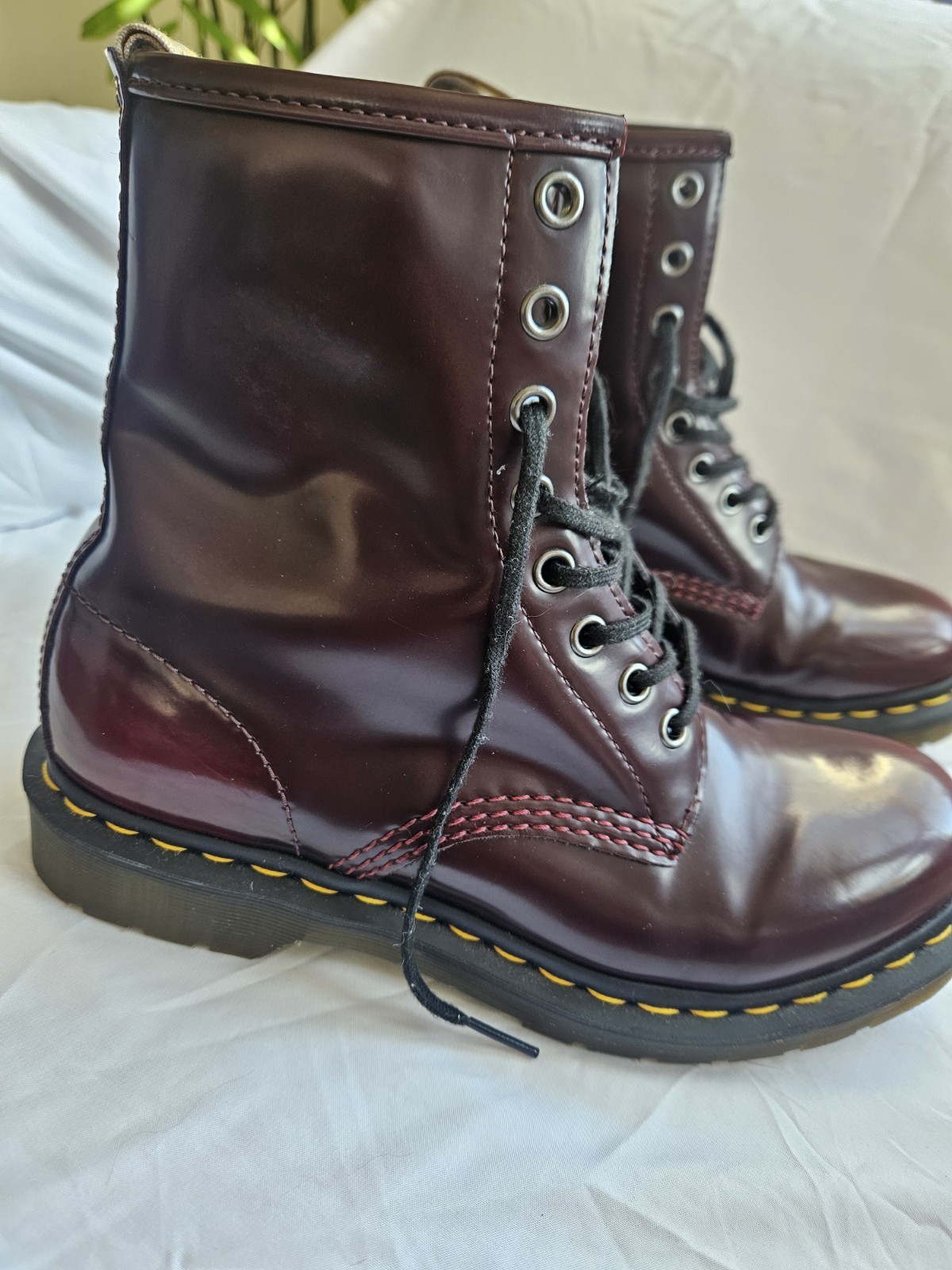 Dr. Martens Vegan Burgundy Lace-Up Combat Ankle Boots, women’s US 8 Round Toe