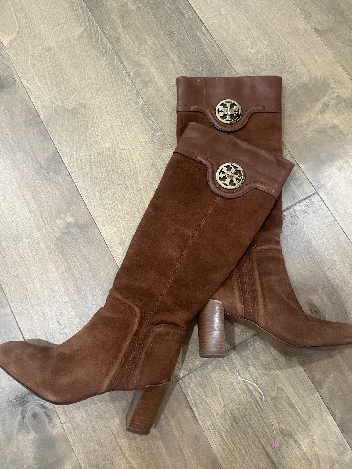Tory Burch Knee High Riding Boots Brown Suede Logo Zipper Block Heel Almond Toe