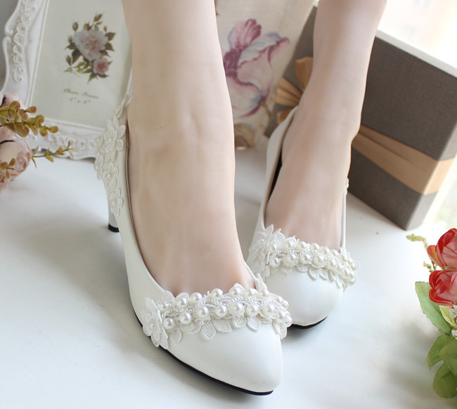 Ivory Pearl Flower Wedding Lace Prom Bridal Bridesmaid Flat High Low Heels shoes