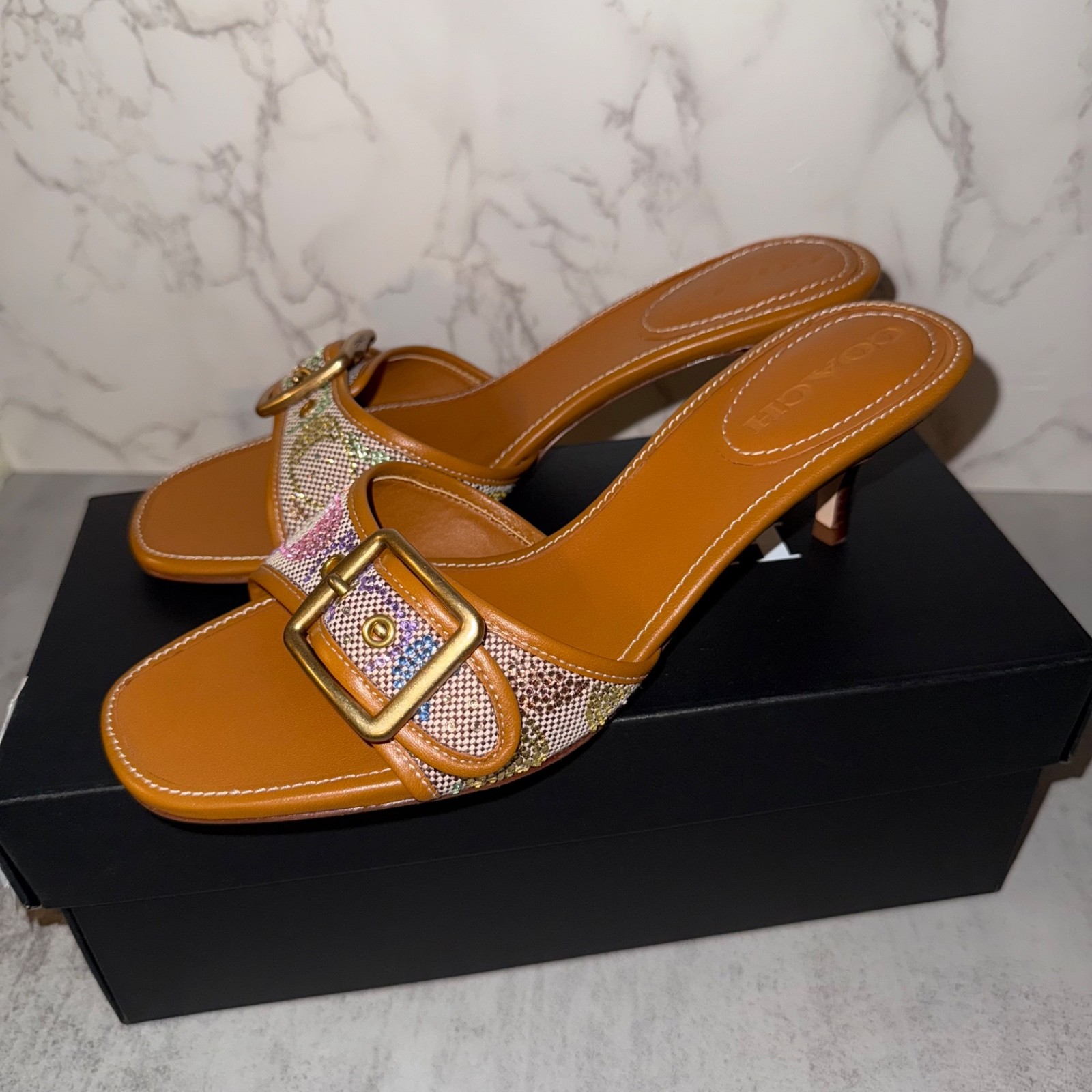 Coach Jacquard Margot Signature Sandal – Carnation Pink, Rainbow Crystal