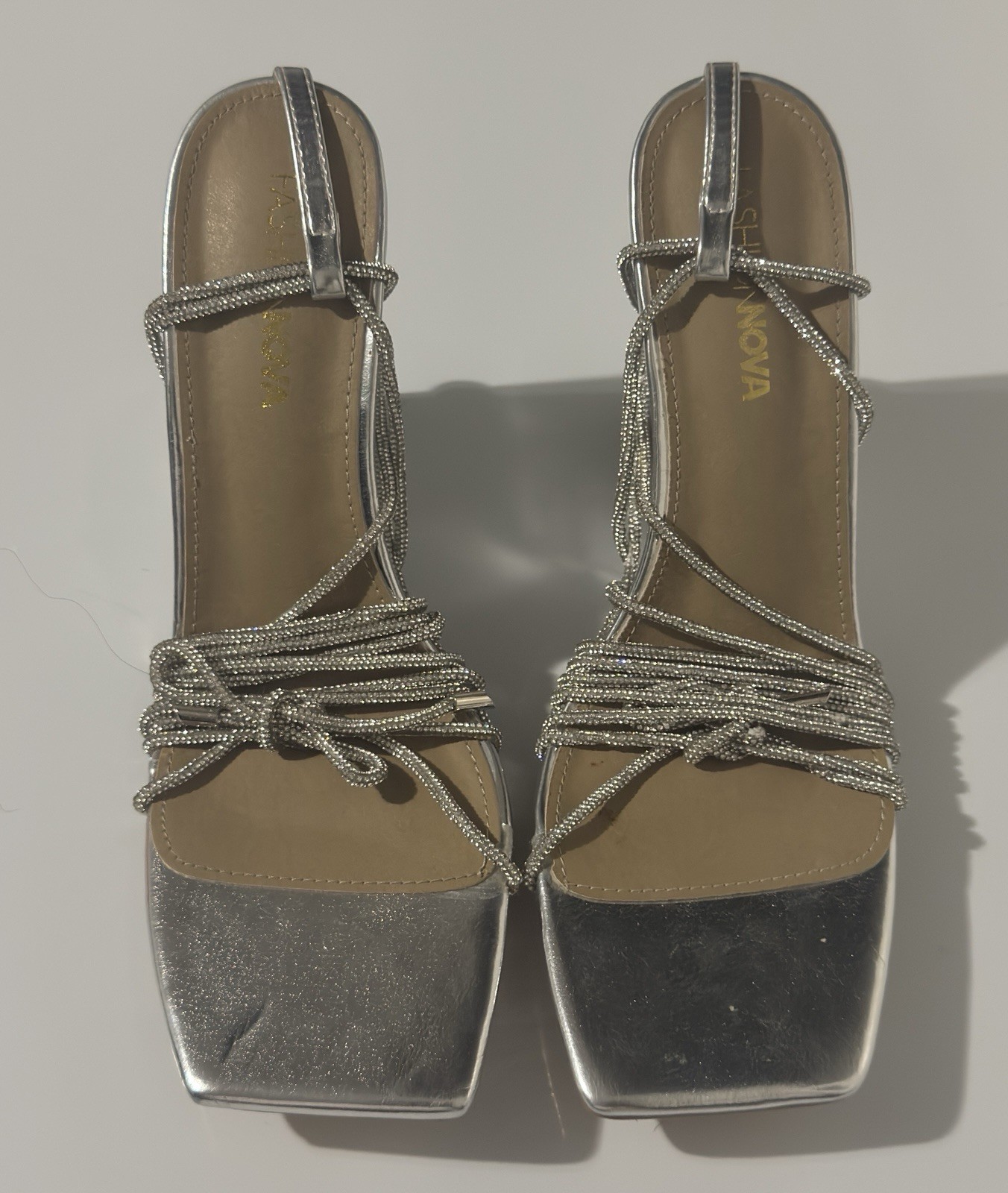 Size 10 – Silver Fashion Nova Lace-up Square toe Heels