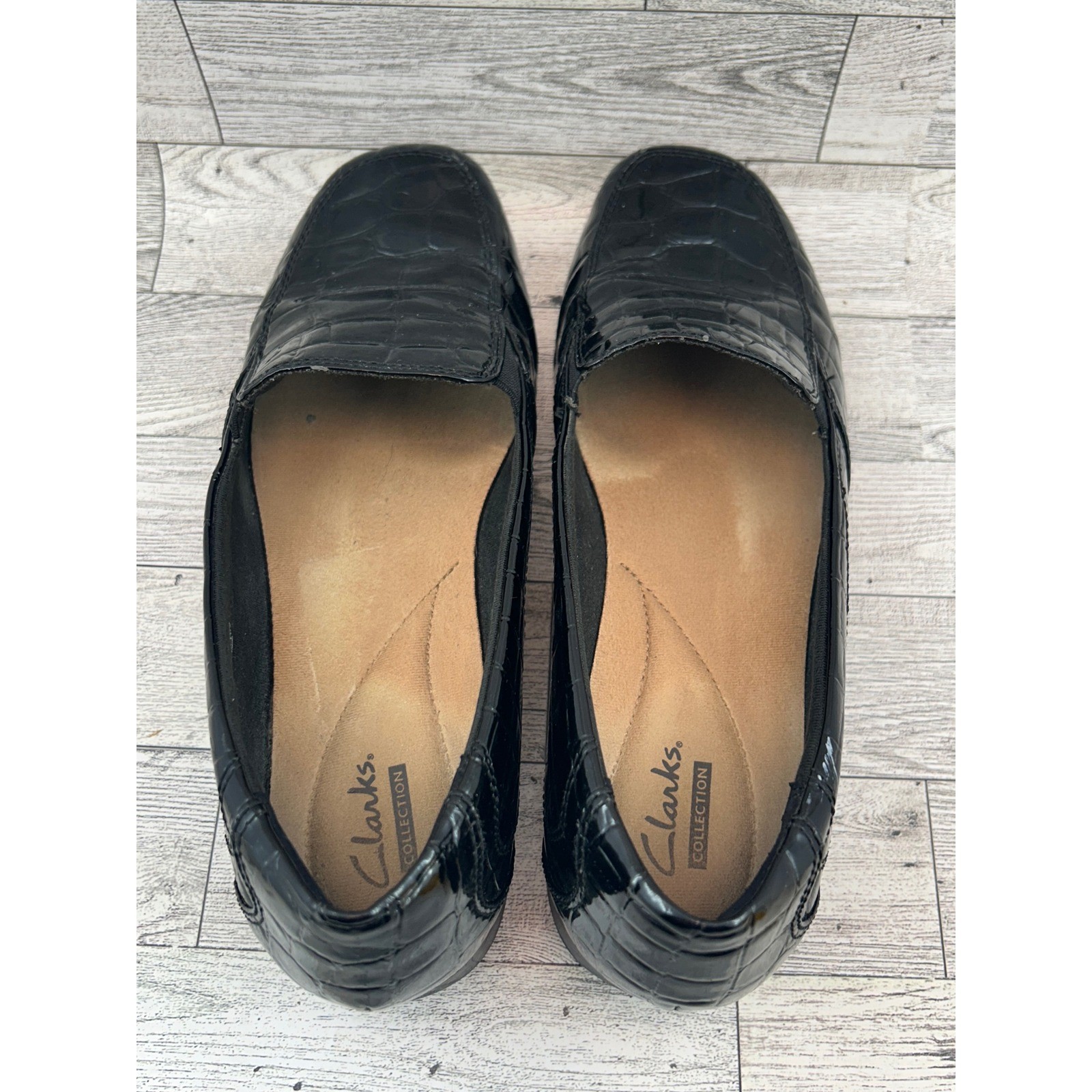 Clarks Collection Black Croc Embossed Leather Loafers Comfortable Womens 8.5M