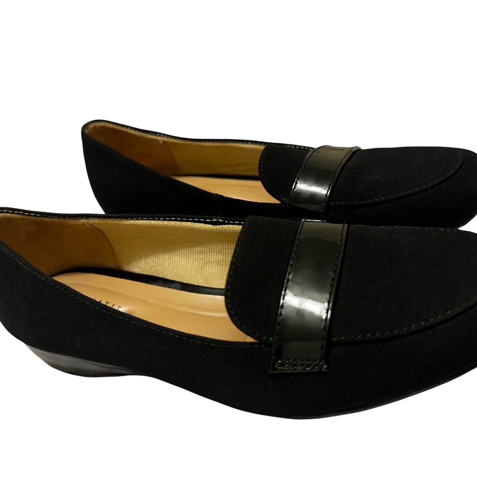 Kelly & Katie Denna Black Textile Patent Strap Loafers Low Wedge Flats Womens 7M