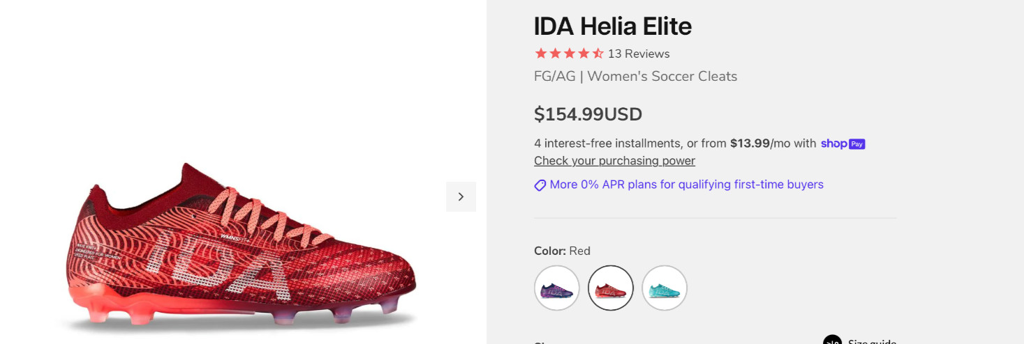 IDA Helia Elite Cleats, red, 9, 9.5, soccer, boots