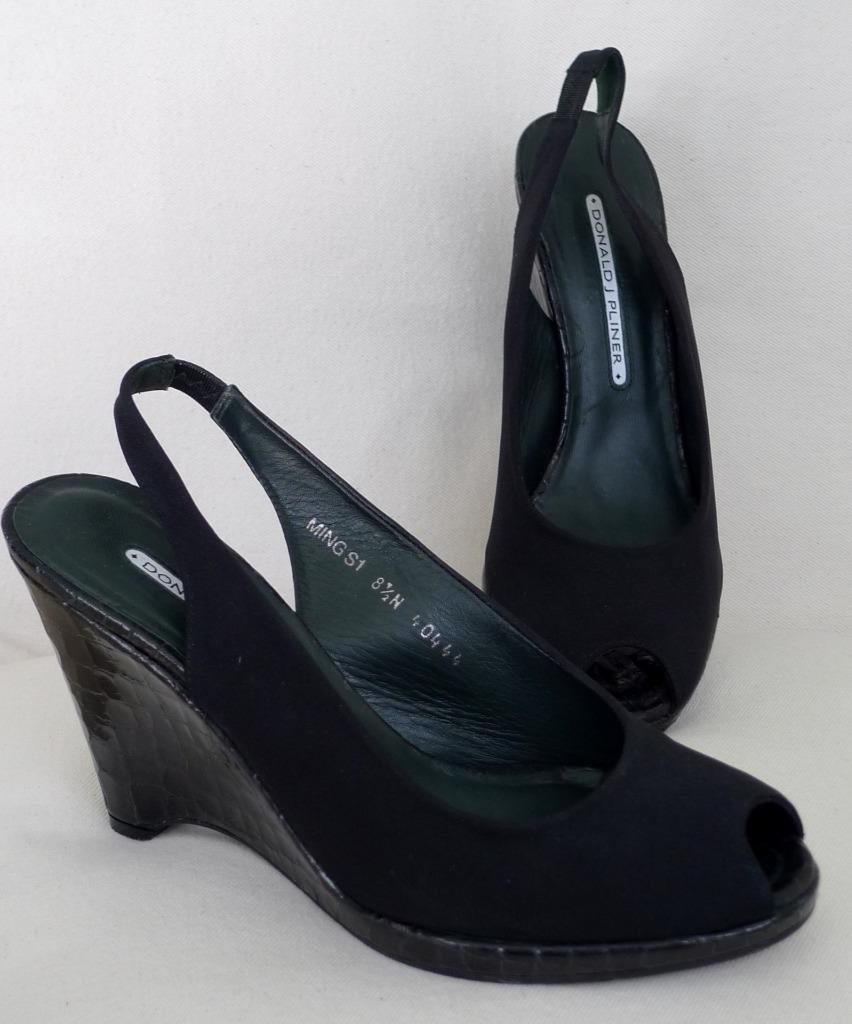 DONALD J PLINER Black Microfiber Top~ Croc Embossed Wedge~ Slingback~ 8.5N~ $235