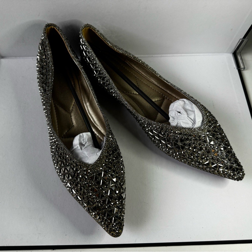 Embellished Rhinestone Pointed Toe Flats Silver Sparkly Dress Shoes Size 7 new