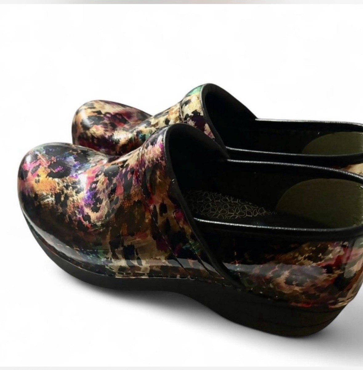 Dansko XP 2.0 Clogs Multicolor Leopard Patent Leather Casual Workwear Size 39