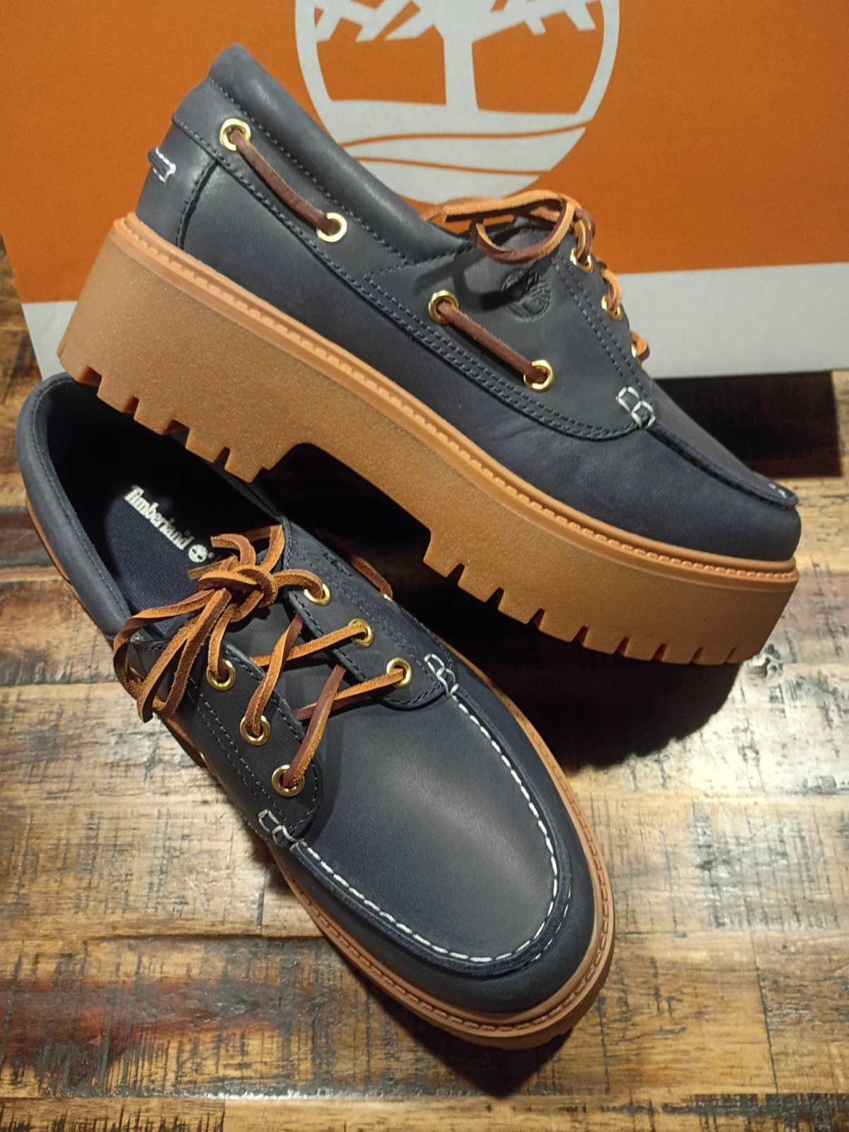 Womens Timberland Stone Street Platform Boat Shoe Dk Blue Premium Leather Sz 8.5