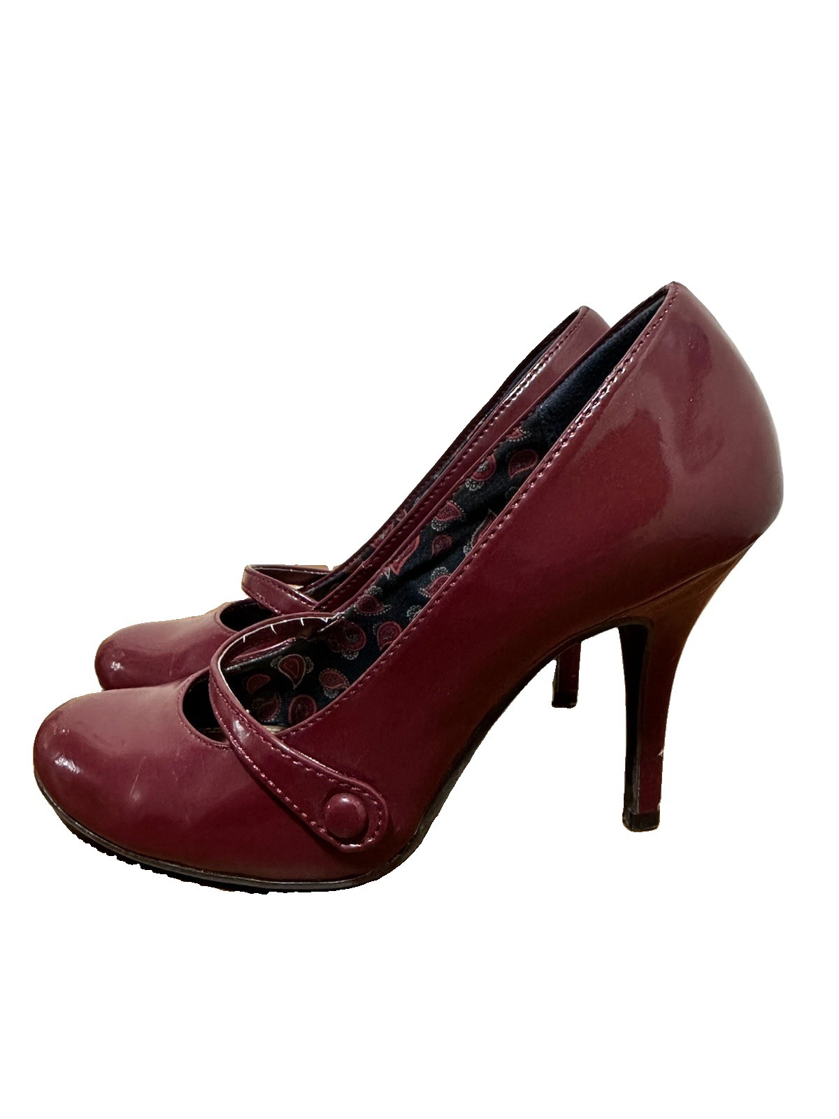 American Eagle Women’s Burgundy Patent Leather Mary Jane Strap Buckle Heels 6.5
