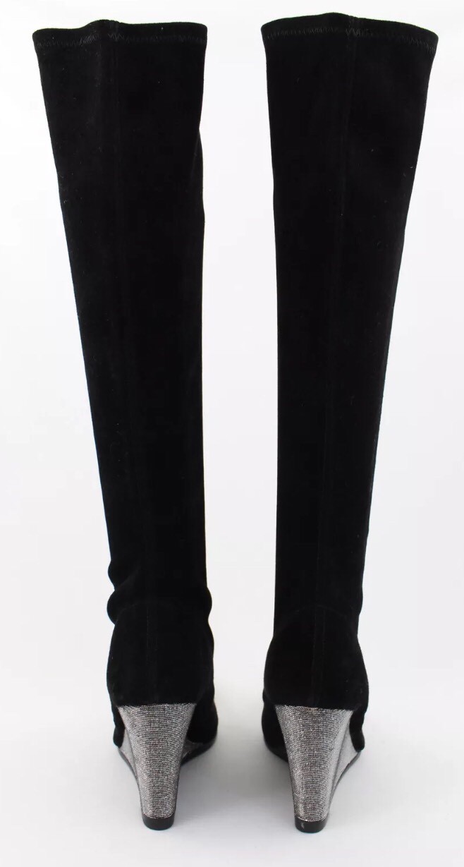 Stuart Weitzman Jefe Demiswoon Black Suede Iridescent Metallic Knee High Boots