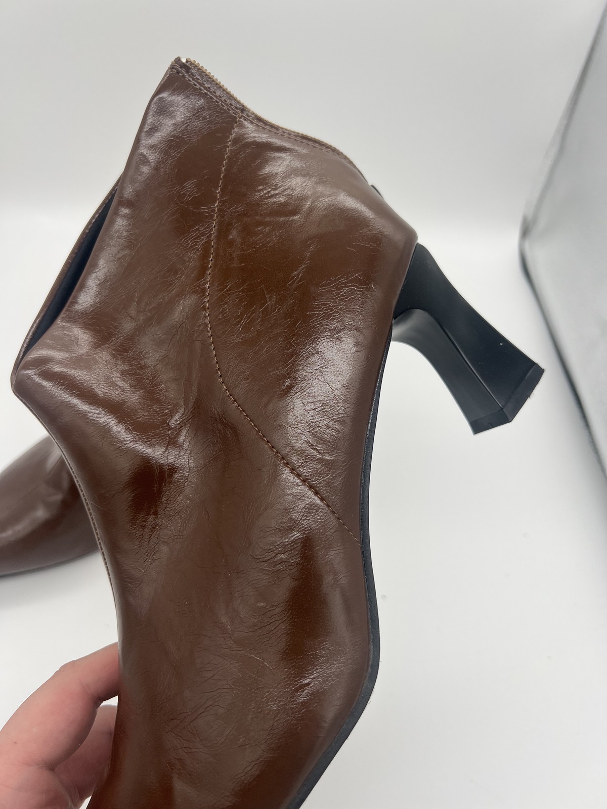 Women’s Brown Faux Leather Pointed Toe Ankle Boots Block Heel Booties Size EU 43