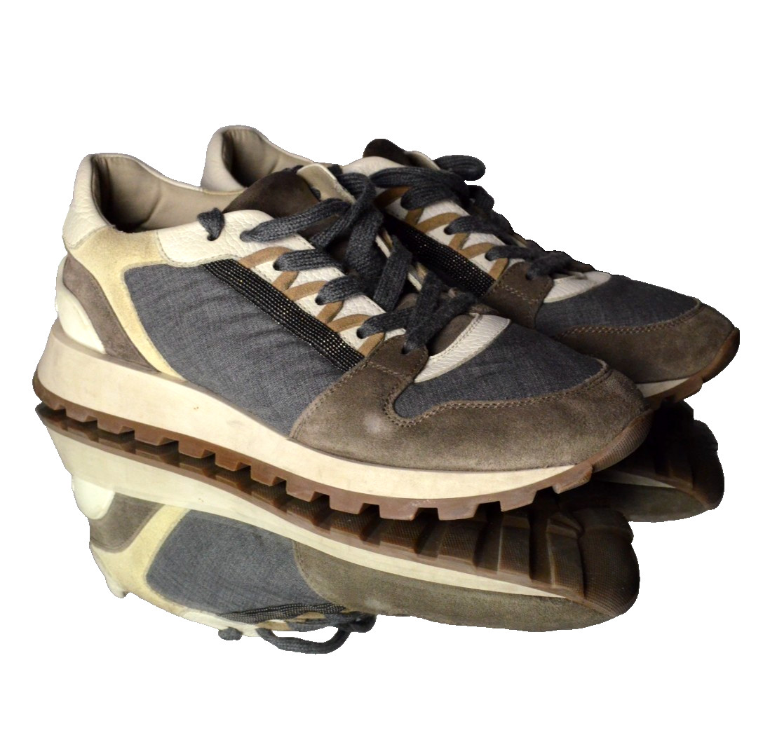 Brunello Cucinelli «Monili» Sneakers Gray/Brown Size 8.5(39EU) Suede Canvas