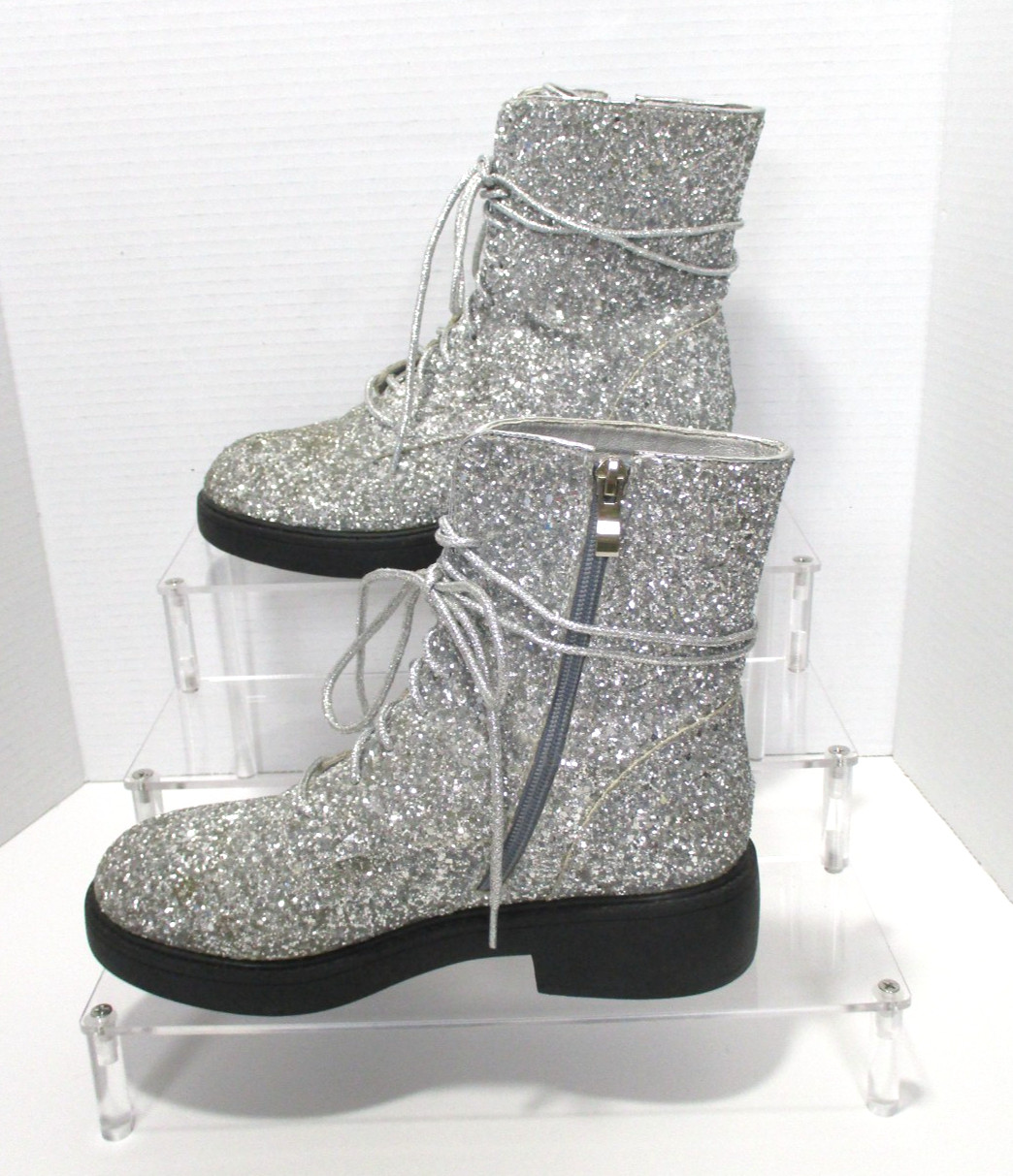 Fashion Glitter Combat Boots Womens 7 Silver Lace Up Zipper Boots Shoes READ