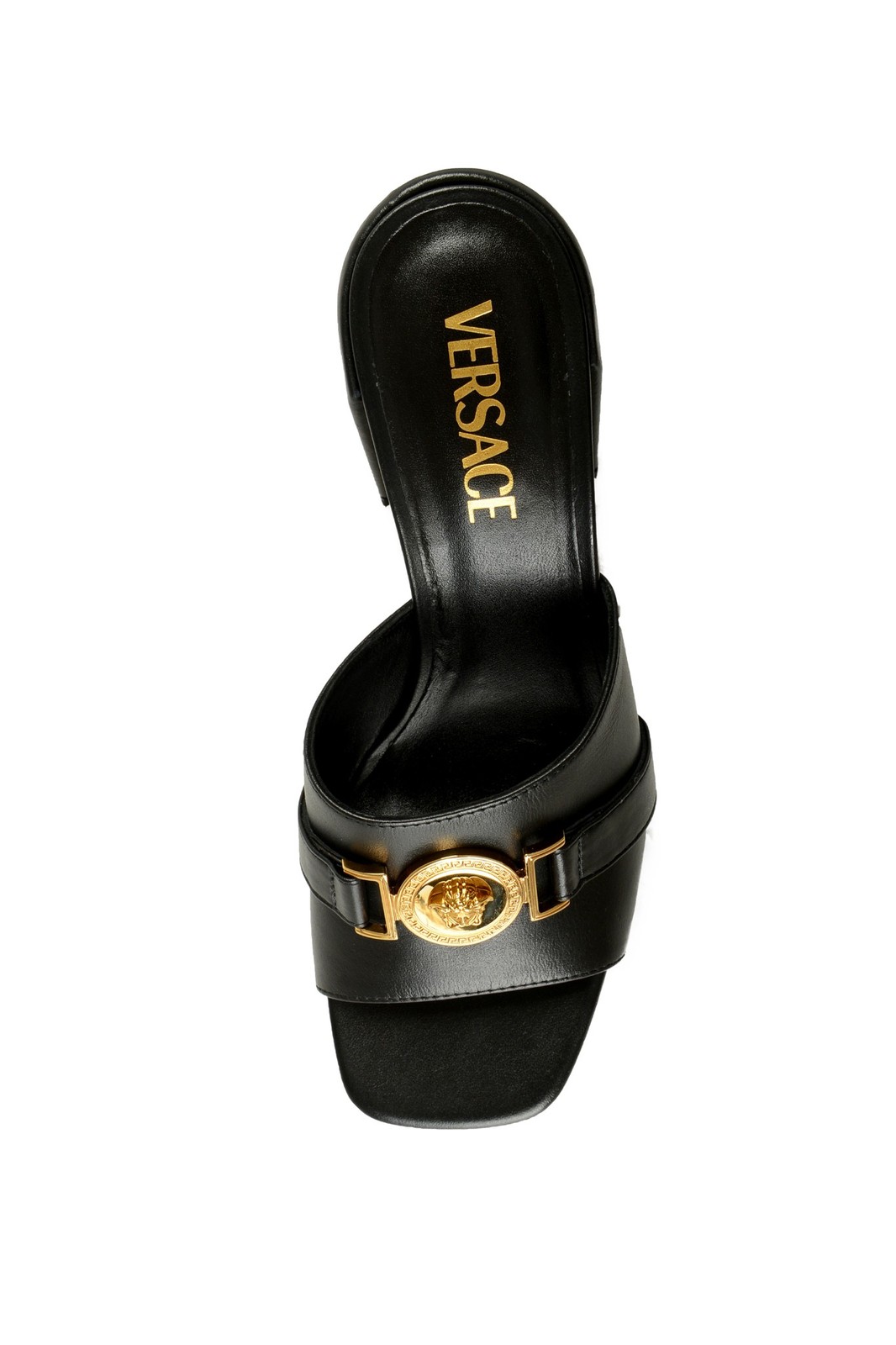 Versace Women’s Black 100% Leather Gold Medusa Mules Sandals Shoes US 6 IT 36