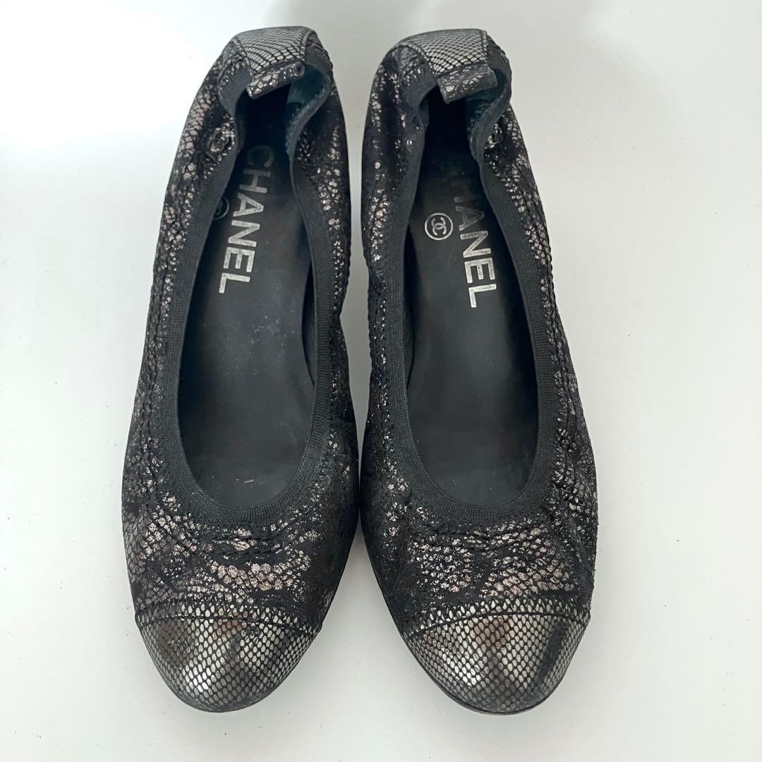 CHANEL Shoes Pumps Heel EU 35.5 US 5.5 Lace Leather Black Silver Authentic