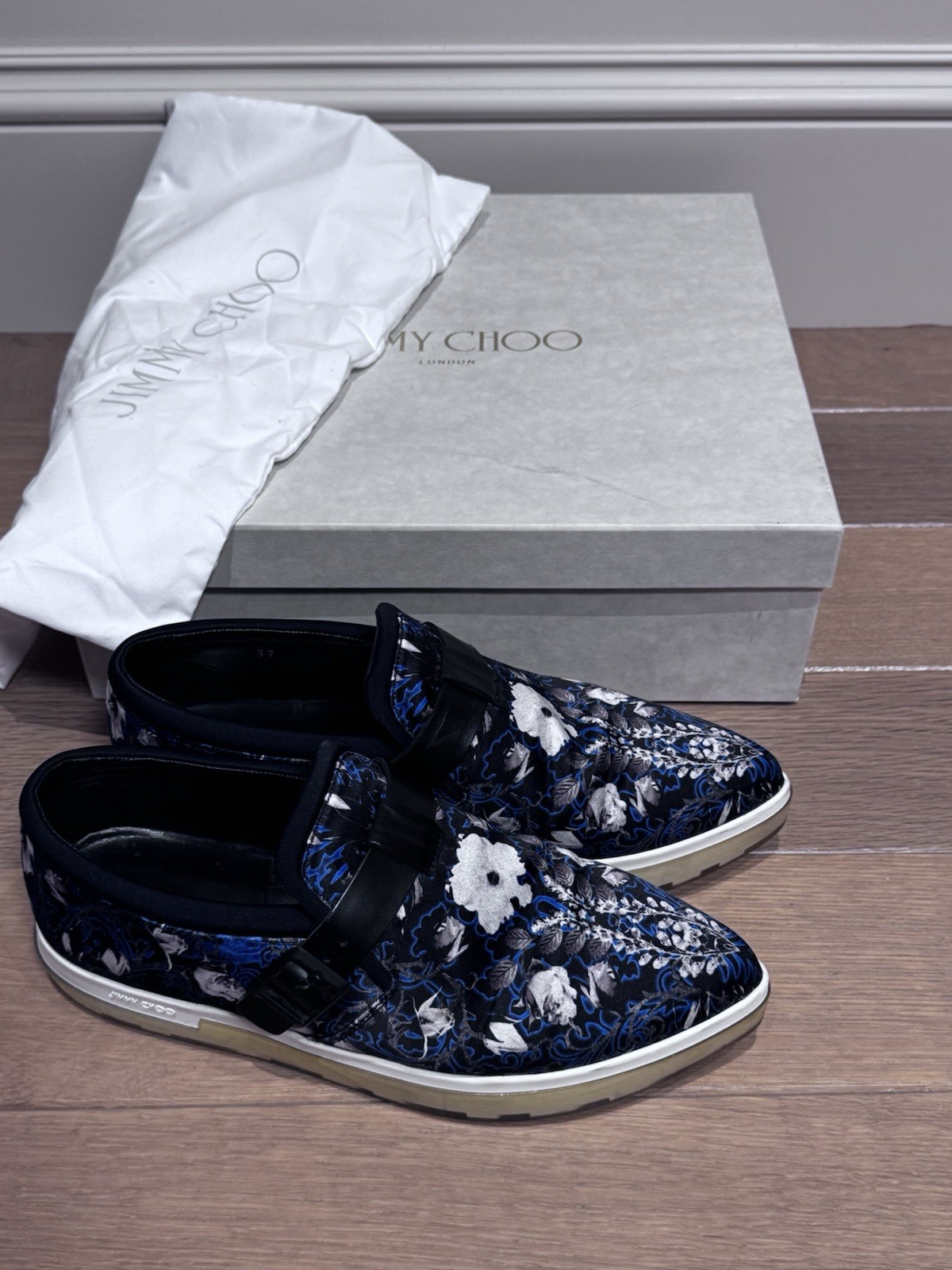 Jimmy Choo Women’s Floral Slip On Sneakers Blue Black White EU 37 Luxury Shoes