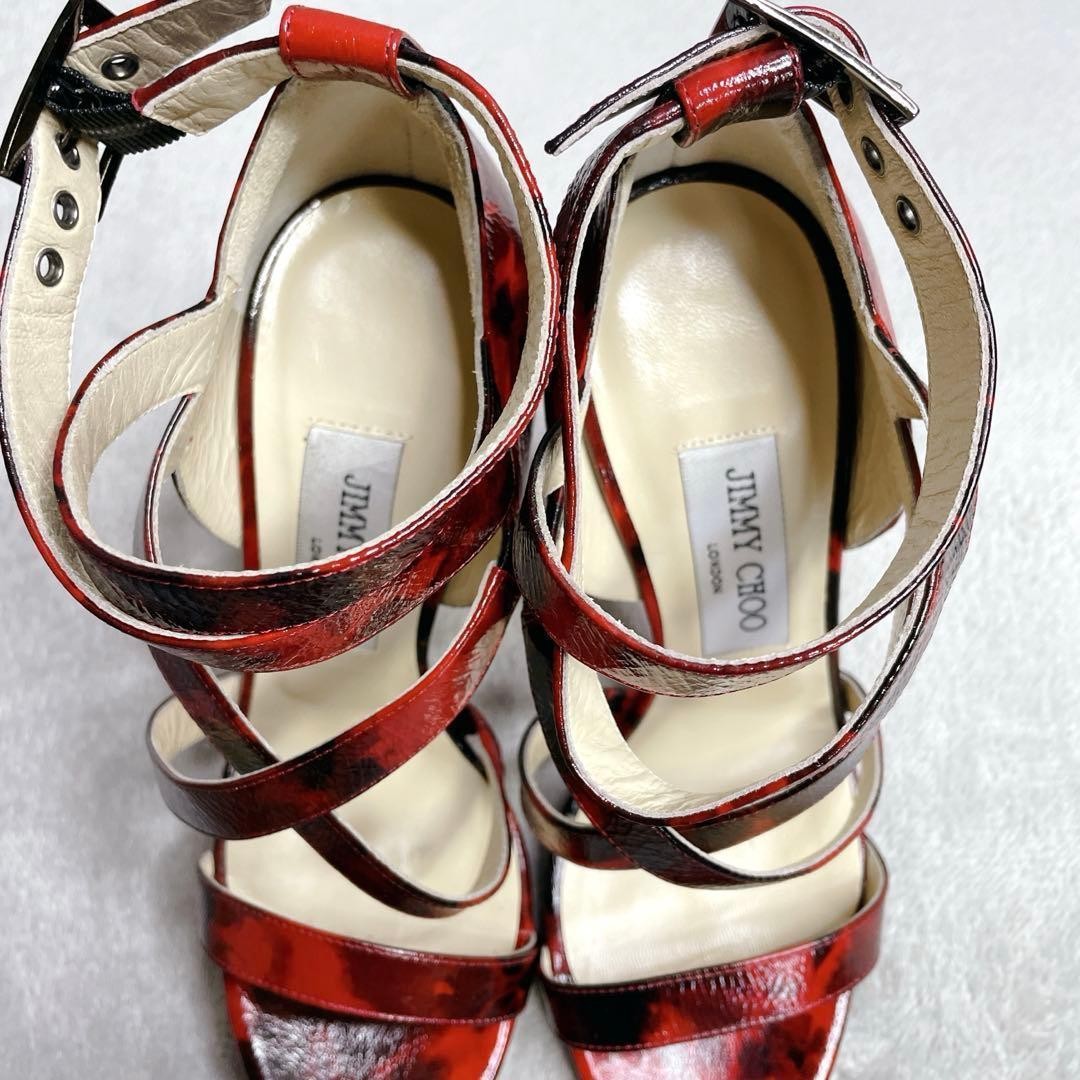 JIMMY CHOO Tie Dye Patent Red Black Cross Strap Heeled Sandals Shoes EU 36.5