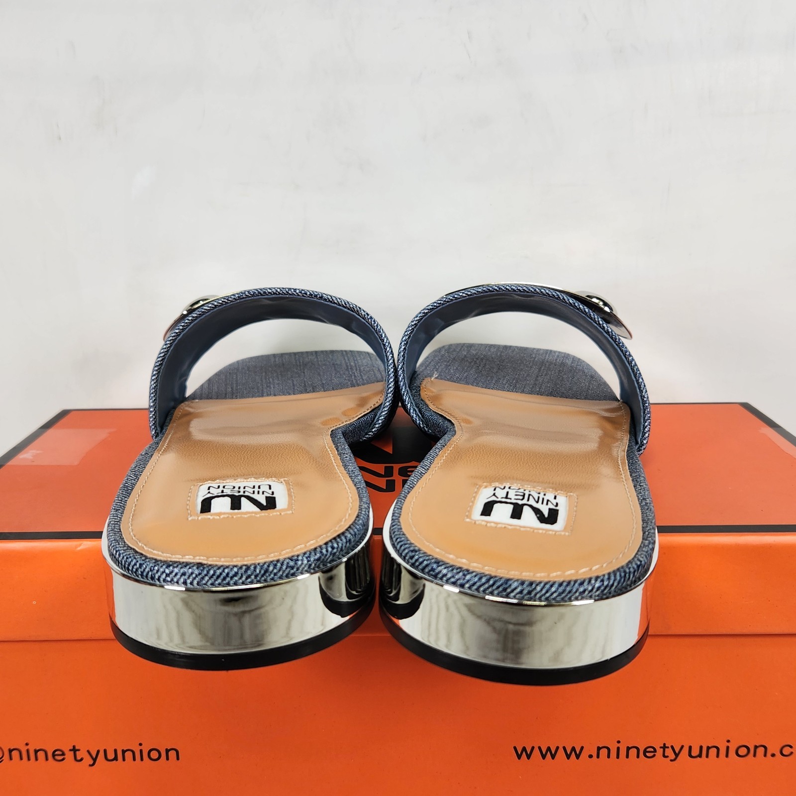 9 WOM – Ninety Union Bali – Blue Denim / Silver Buckle Strap Low Heel Slide