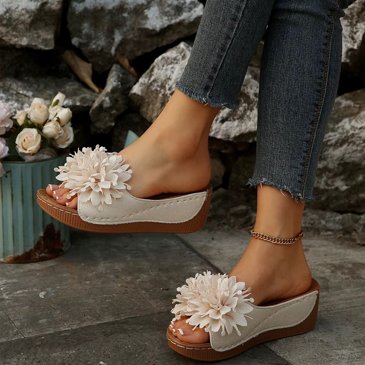 Women’s Flower Wedge Sandals Open Toe Slip-On Summer Platform Slides Casual