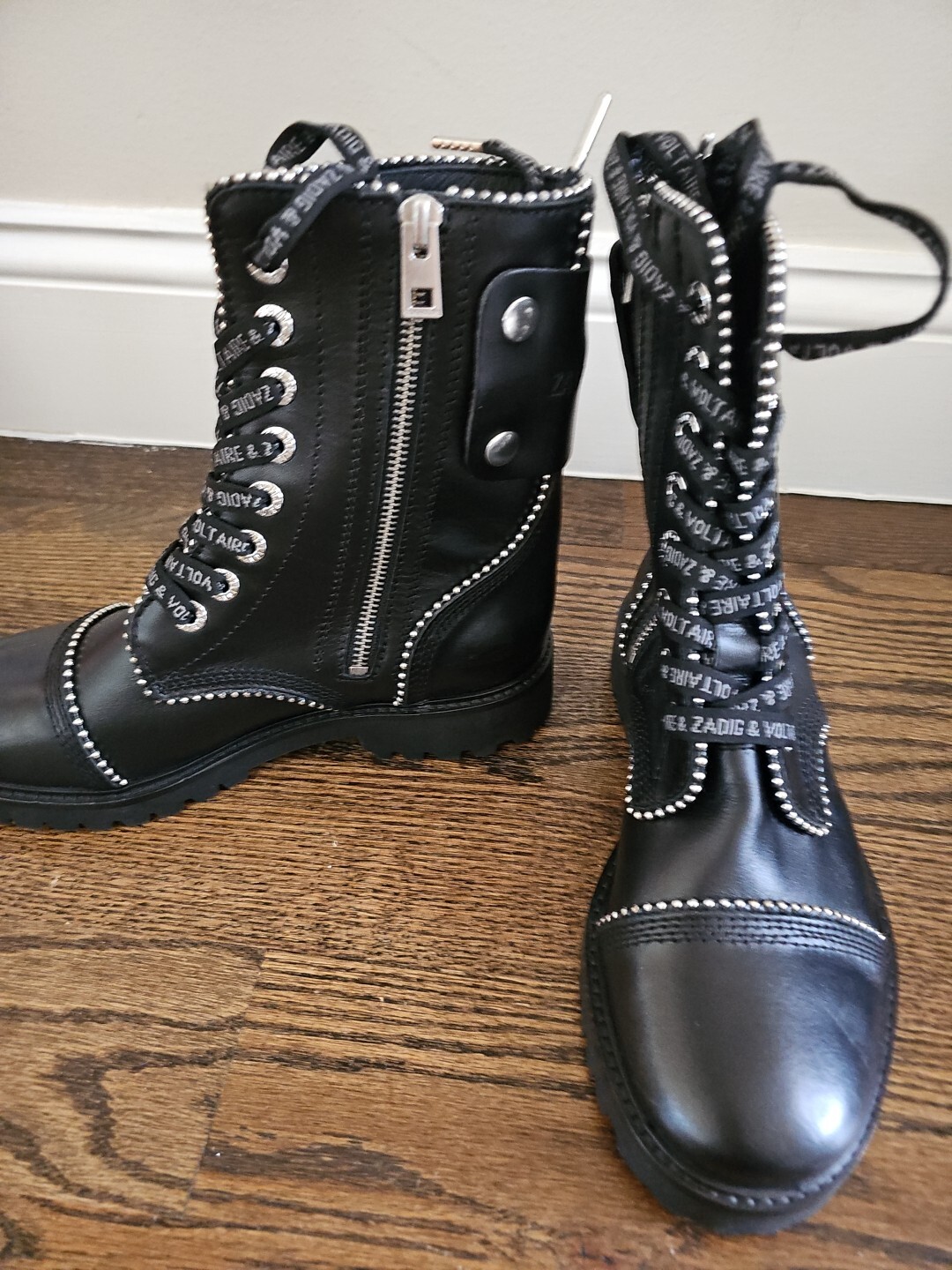 Zadig & Voltaire Joe Studs Boots Black Leather Lace Up Zip Logo $548, Sz 36 NIB!
