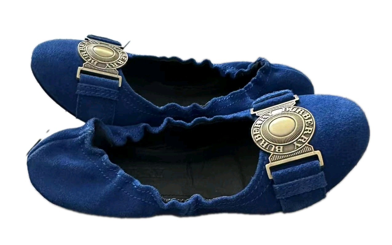Burberry Blue Suede Ballet Flats Gold Logo Plaque Elastic Slip On Shoes 38