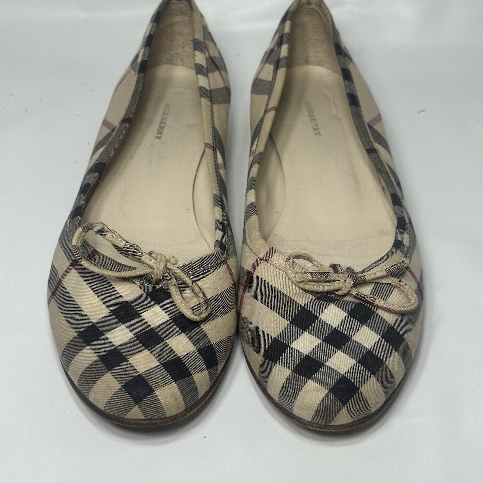 Burberry Nova Check Canvas Ballet Flats Bow Tie Beige Plaid Slip On Shows SzEU38