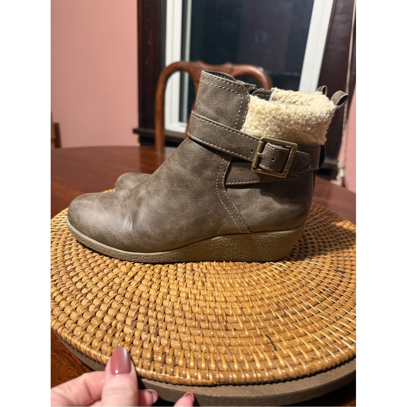 Sporto Taupe Faux Leather Ankle Bootie with Shearling Cuff