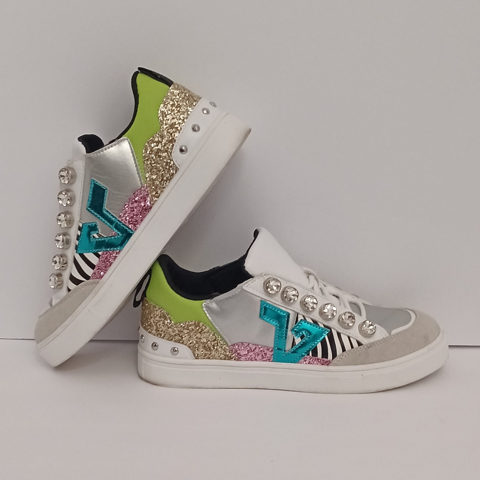 ROUGE Studded Glitter Athletic Sneakers Womens White Silver Green Pink Black