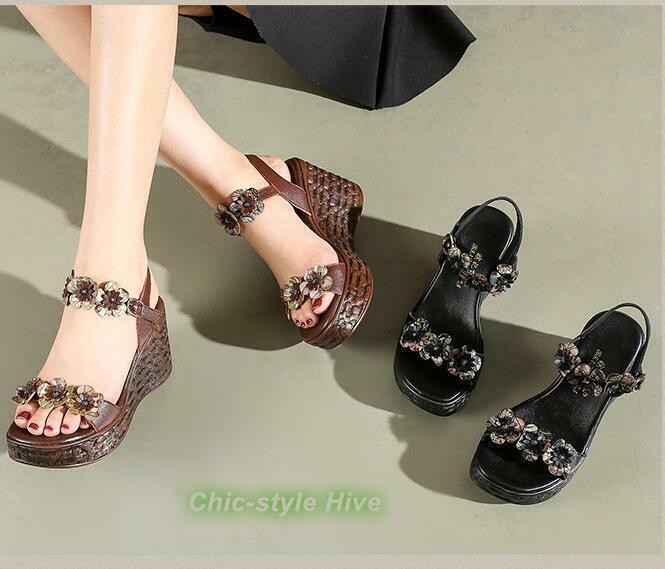 Women Floral Casual Retro Platform Wedge Heels Peep Toe Fashion Sandals Shoes
