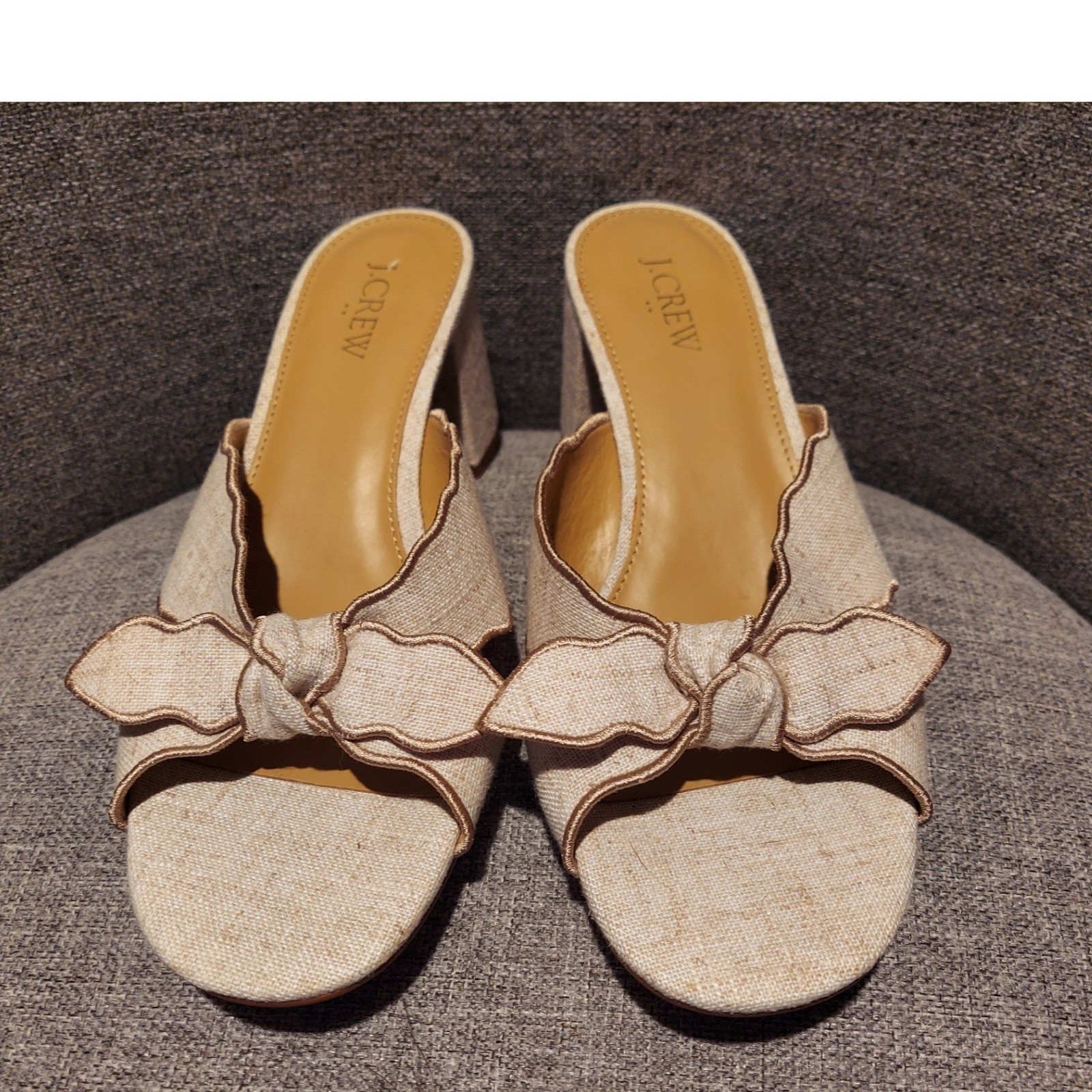 J.Crew Womens Linen Bow Block Heel Slide Sandals Beige Scalloped Mules Size 9